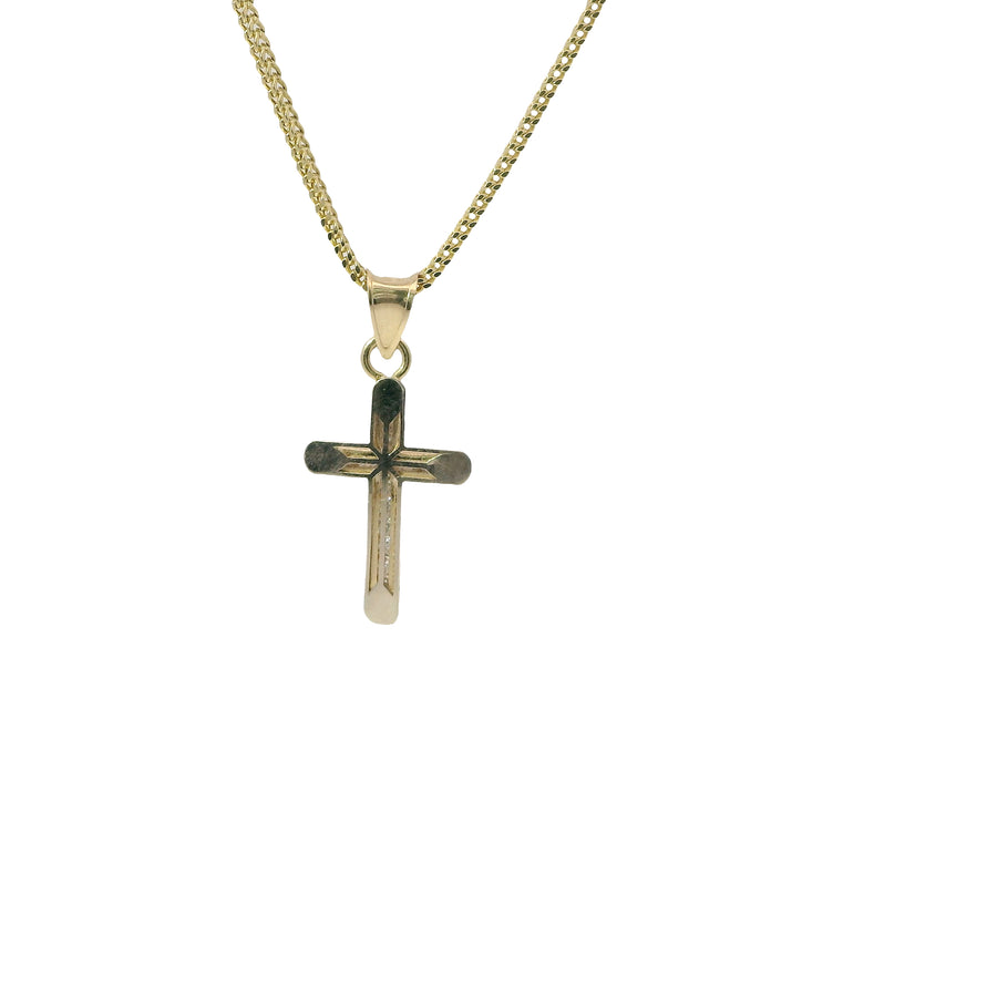 14KT Gold Charm Extra Small White CZ Stone Cross Center with Plain Snowflake Window Center and Plain Bell