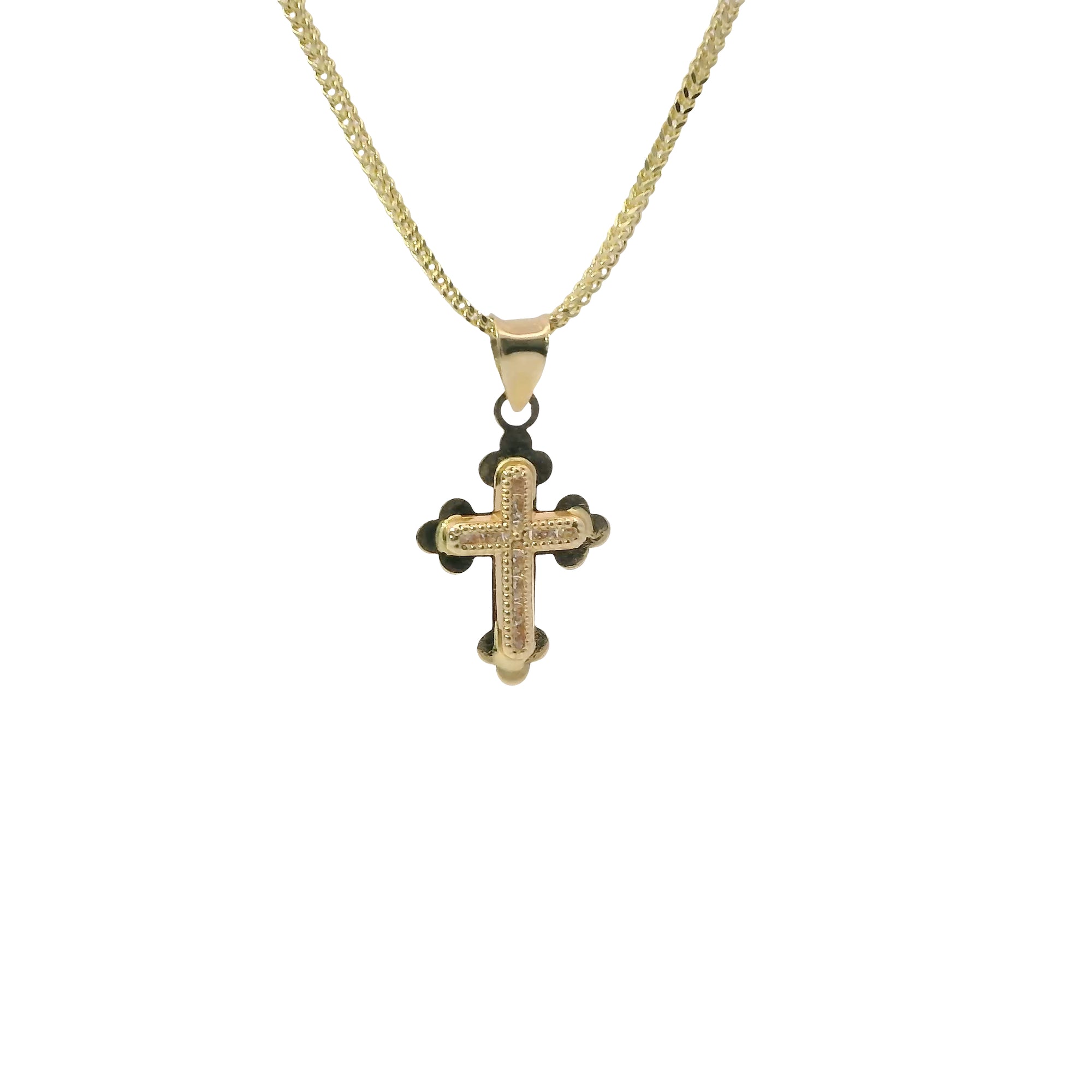 14KT Gold Charm Extra Small White CZ Stone Cross Center with Plain Club Shape Ends Border and Plain Bell