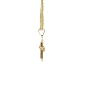 14KT Gold Charm Extra Small White CZ Stone Cross Center with Plain Club Shape Ends Border and Plain Bell