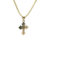 14KT Gold Charm Extra Small White CZ Stone Cross Center with Plain Club Shape Ends Border and Plain Bell