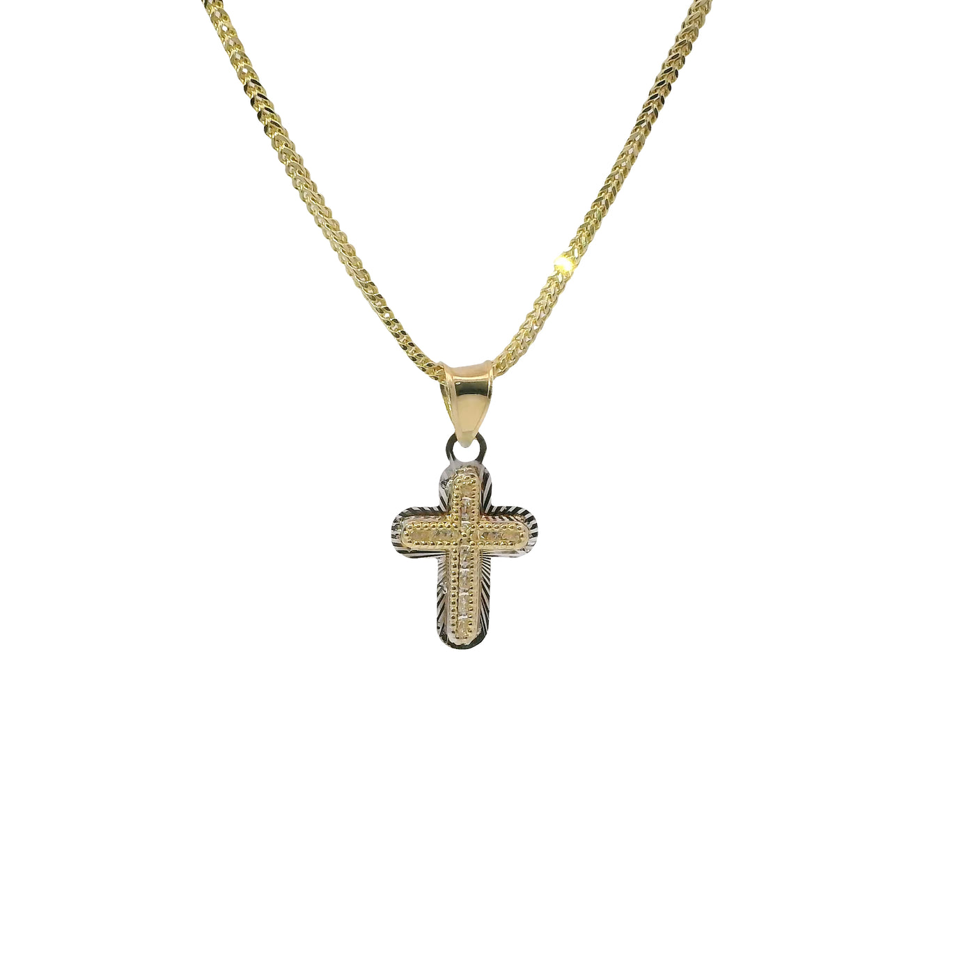 14KT Gold Charm Extra Small White CZ Stone Cross Center with White Gold Plain Rounded Sunray Ends Border and Plain Bell