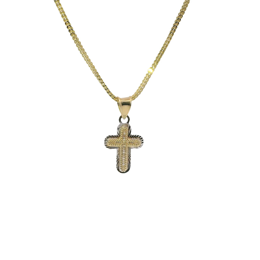14KT Gold Charm Extra Small White CZ Stone Cross Center with White Gold Plain Rounded Sunray Ends Border and Plain Bell