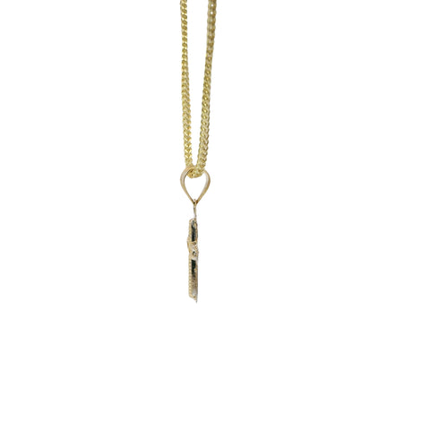 14KT Gold Charm Extra Small White CZ Stone Cross Center with White Gold Plain Rounded Sunray Ends Border and Plain Bell