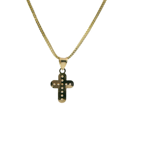14KT Gold Charm Extra Small White CZ Stone Cross Center with White Gold Plain Rounded Sunray Ends Border and Plain Bell