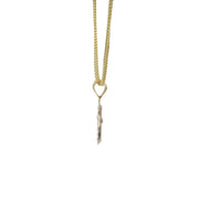 14KT Gold Charm Extra Small White CZ Stone Cross Center with White Gold Plain Rounded Sunray Ends Border and Plain Bell