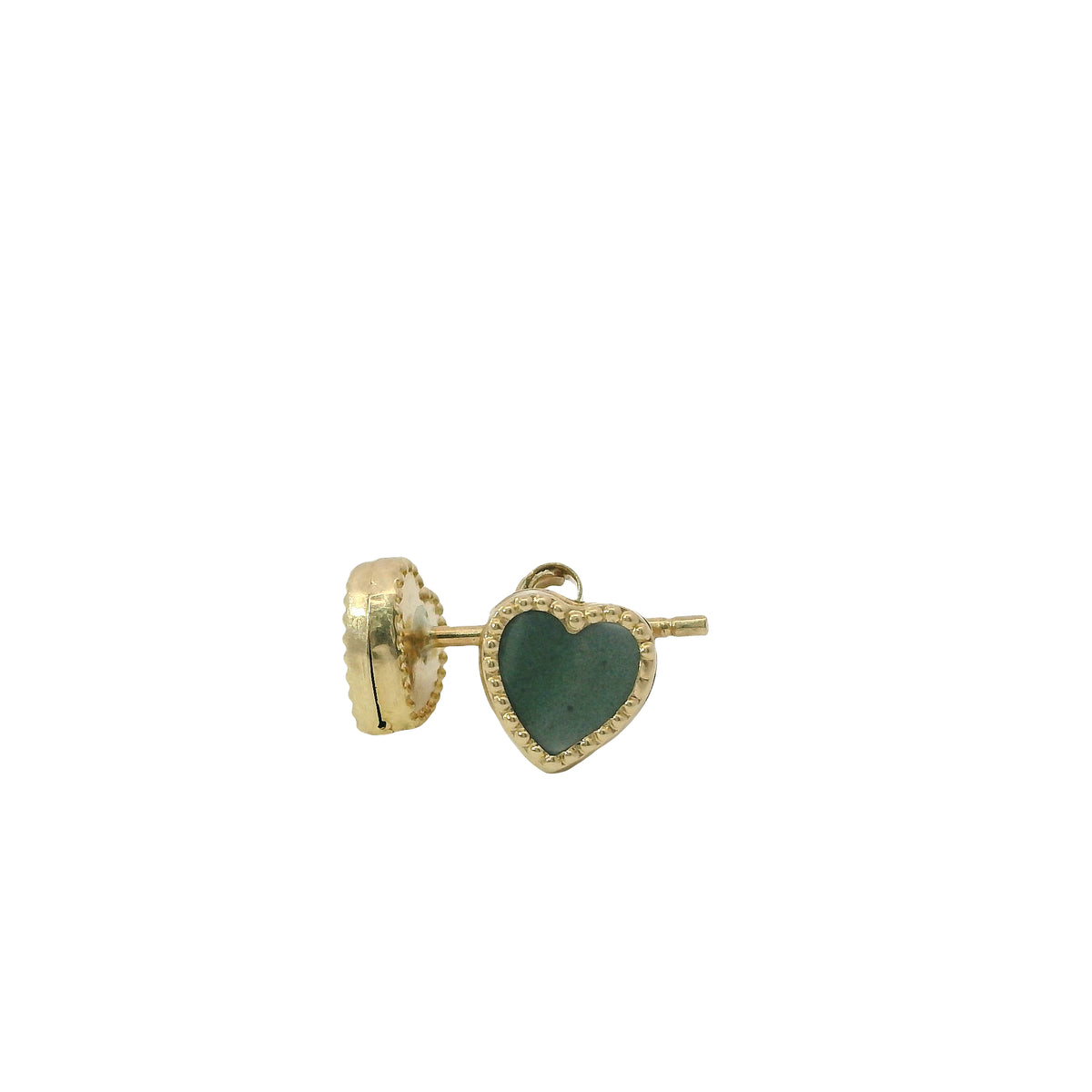 14KT Gold Earrings Extra Small Olive Green Heart with Dotted Border with Push Back Post and Butterfly Backs