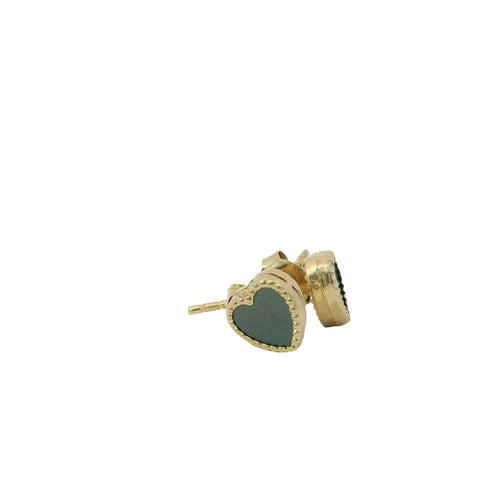 14KT Gold Earrings Extra Small Olive Green Heart with Dotted Border with Push Back Post and Butterfly Backs