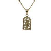 14KT Gold Charm Extra Small Two Tone St Jude Diamond Cut Lattice Square Archway and Plain Bell