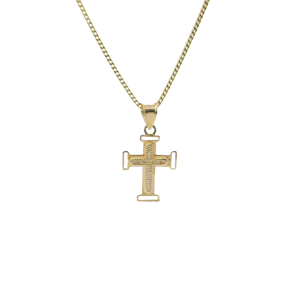 14KT Gold Charm Extra Small White CZ Stone Cross Center with Plain Open Buckle Ends Border and Plain Bell