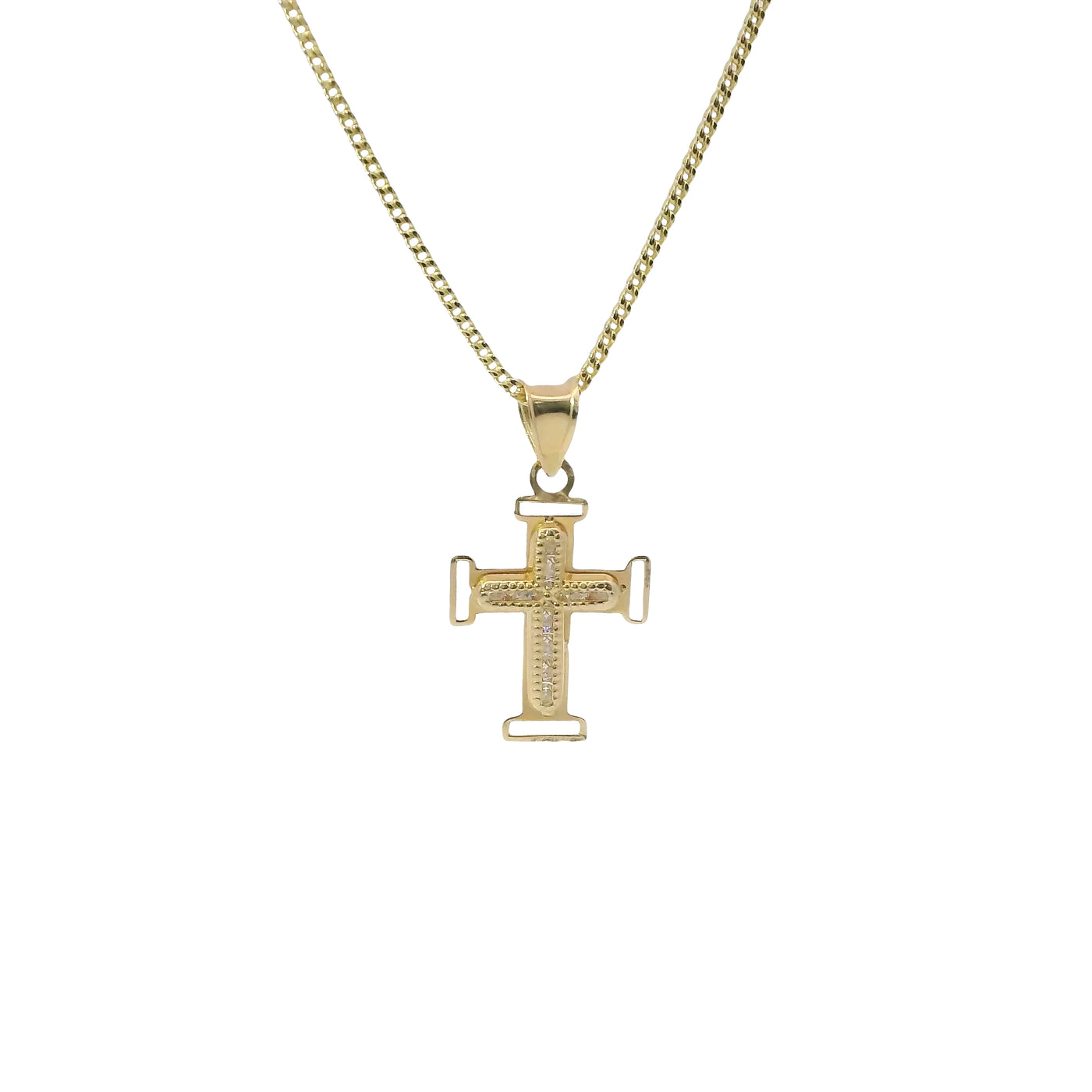 14KT Gold Charm Extra Small White CZ Stone Cross Center with Plain Open Buckle Ends Border and Plain Bell