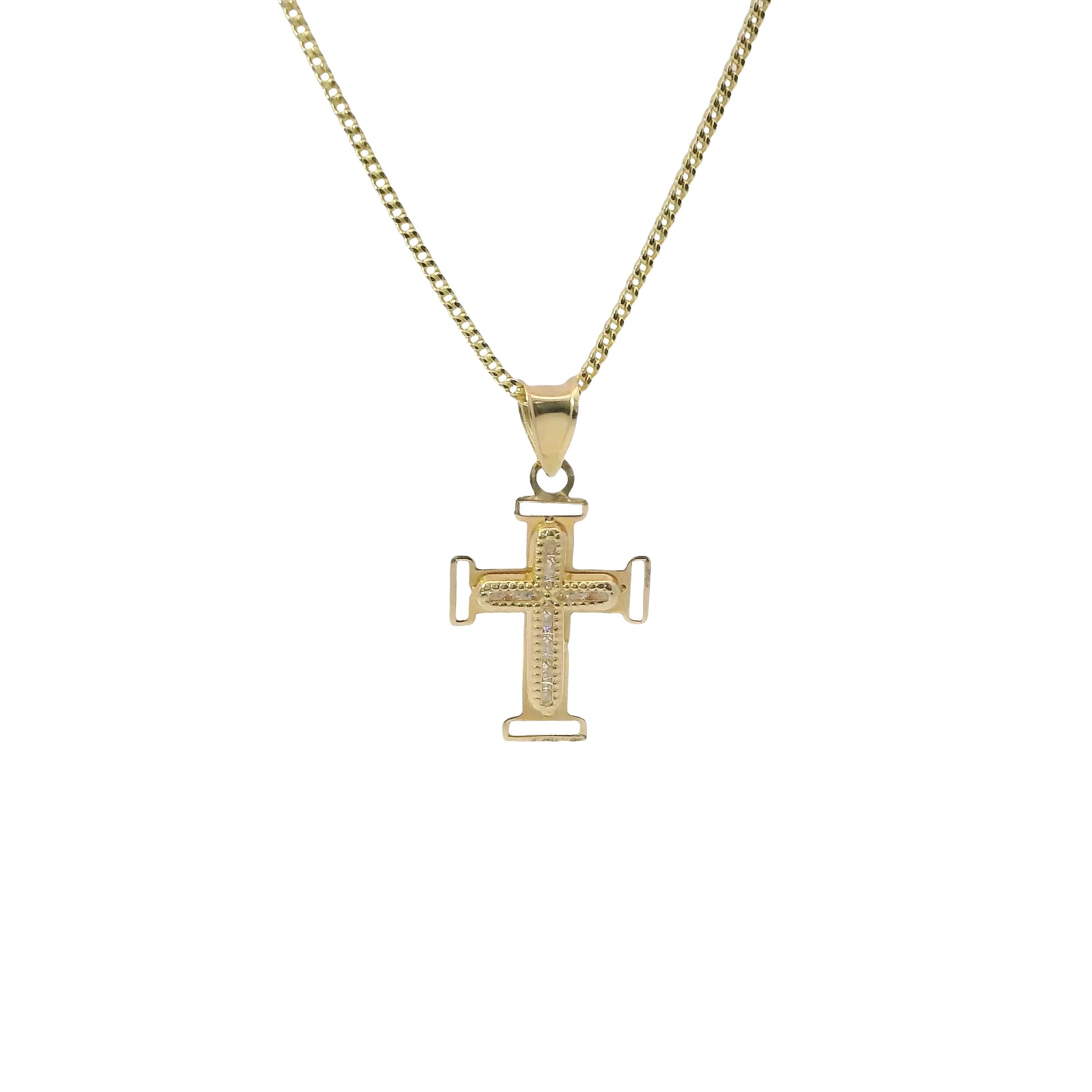 14KT Gold Charm Extra Small White CZ Stone Cross Center with Plain Open Buckle Ends Border and Plain Bell