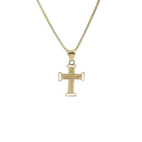 14KT Gold Charm Extra Small White CZ Stone Cross Center with Plain Open Buckle Ends Border and Plain Bell