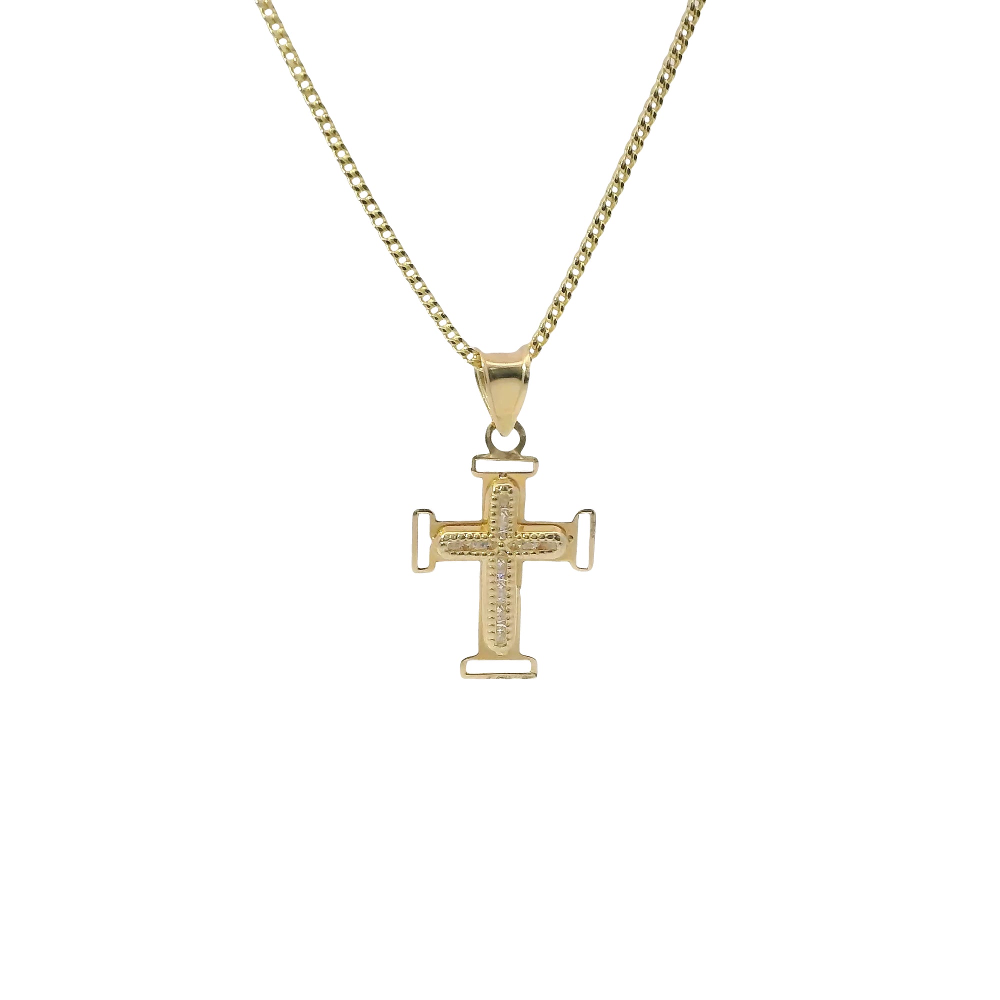 14KT Gold Charm Extra Small White CZ Stone Cross Center with Plain Open Buckle Ends Border and Plain Bell