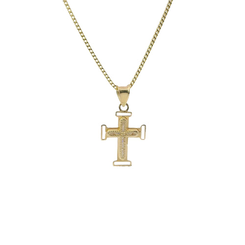 14KT Gold Charm Extra Small White CZ Stone Cross Center with Plain Open Buckle Ends Border and Plain Bell