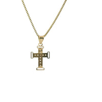 14KT Gold Charm Extra Small White CZ Stone Cross Center with Plain Open Buckle Ends Border and Plain Bell