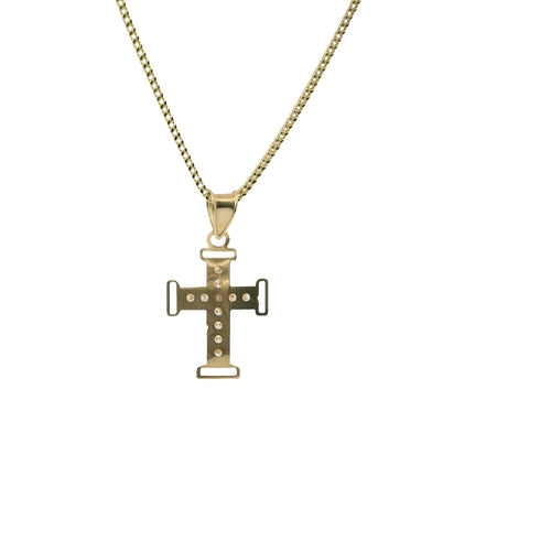 14KT Gold Charm Extra Small White CZ Stone Cross Center with Plain Open Buckle Ends Border and Plain Bell