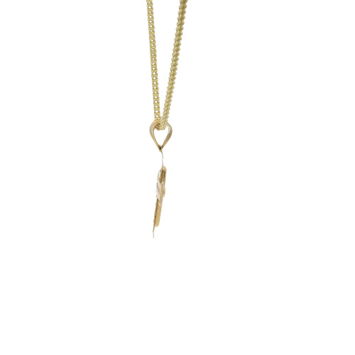 14KT Gold Charm Extra Small White CZ Stone Cross Center with Plain Open Buckle Ends Border and Plain Bell