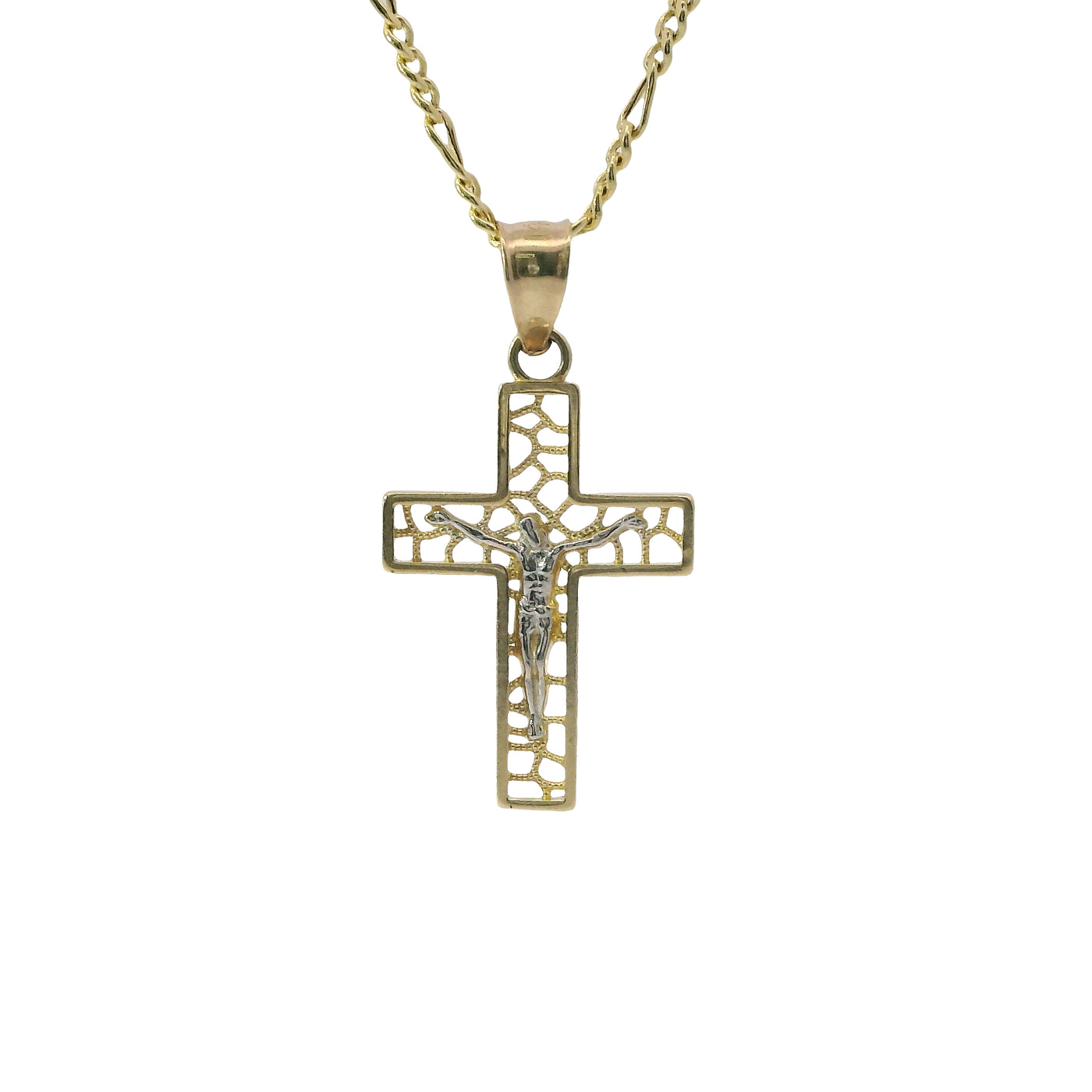 14KT Gold Charm Small Two Tone Open Center Nugget Square Ends Crucifix Cross with Plain Bell