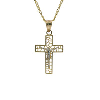 14KT Gold Charm Small Two Tone Open Center Nugget Square Ends Crucifix Cross with Plain Bell
