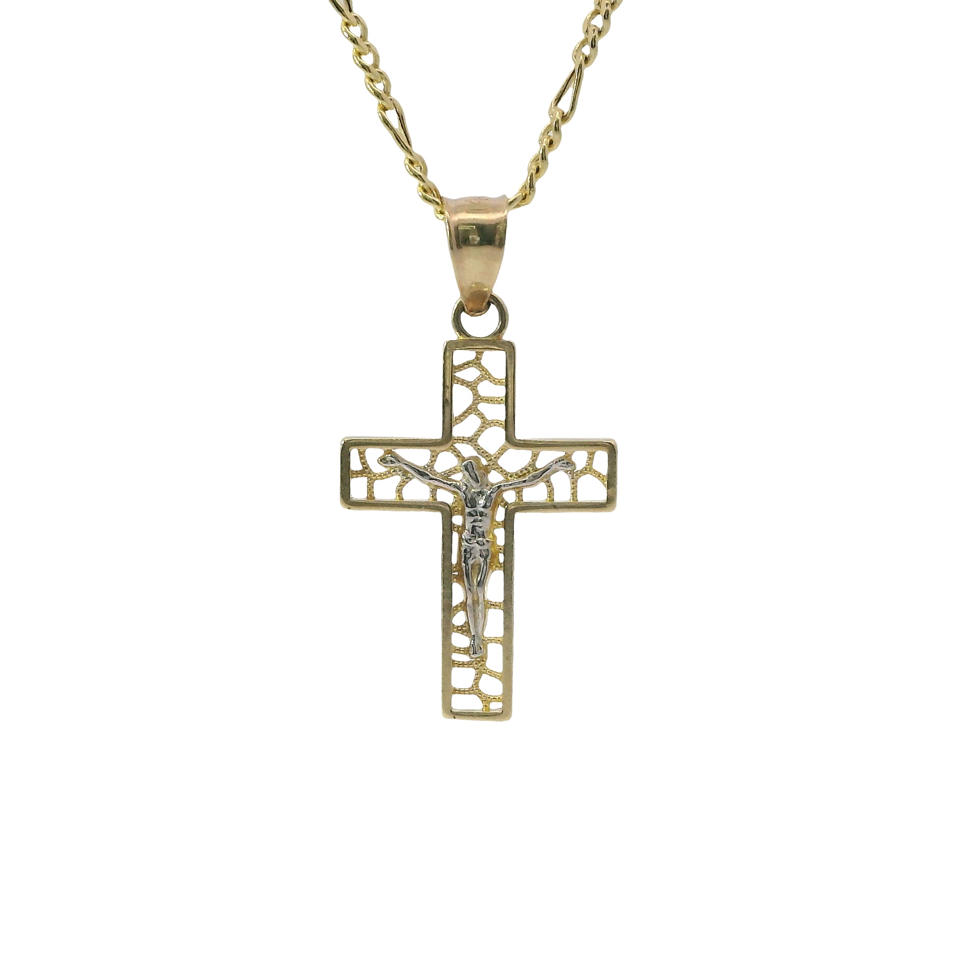 14KT Gold Charm Small Two Tone Open Center Nugget Square Ends Crucifix Cross with Plain Bell
