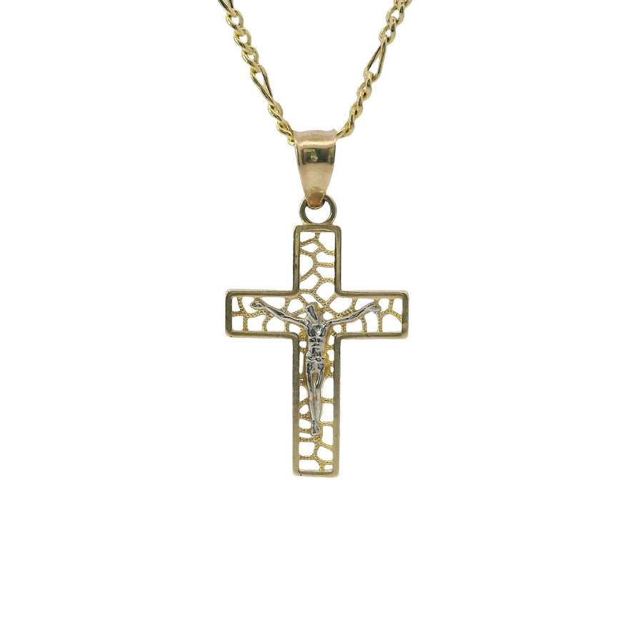 14KT Gold Charm Small Two Tone Open Center Nugget Square Ends Crucifix Cross with Plain Bell