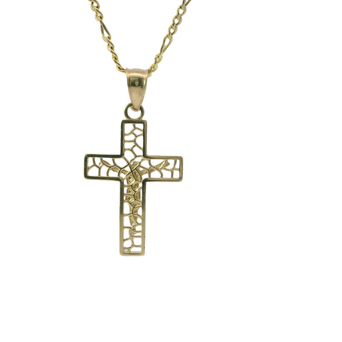 14KT Gold Charm Small Two Tone Open Center Nugget Square Ends Crucifix Cross with Plain Bell