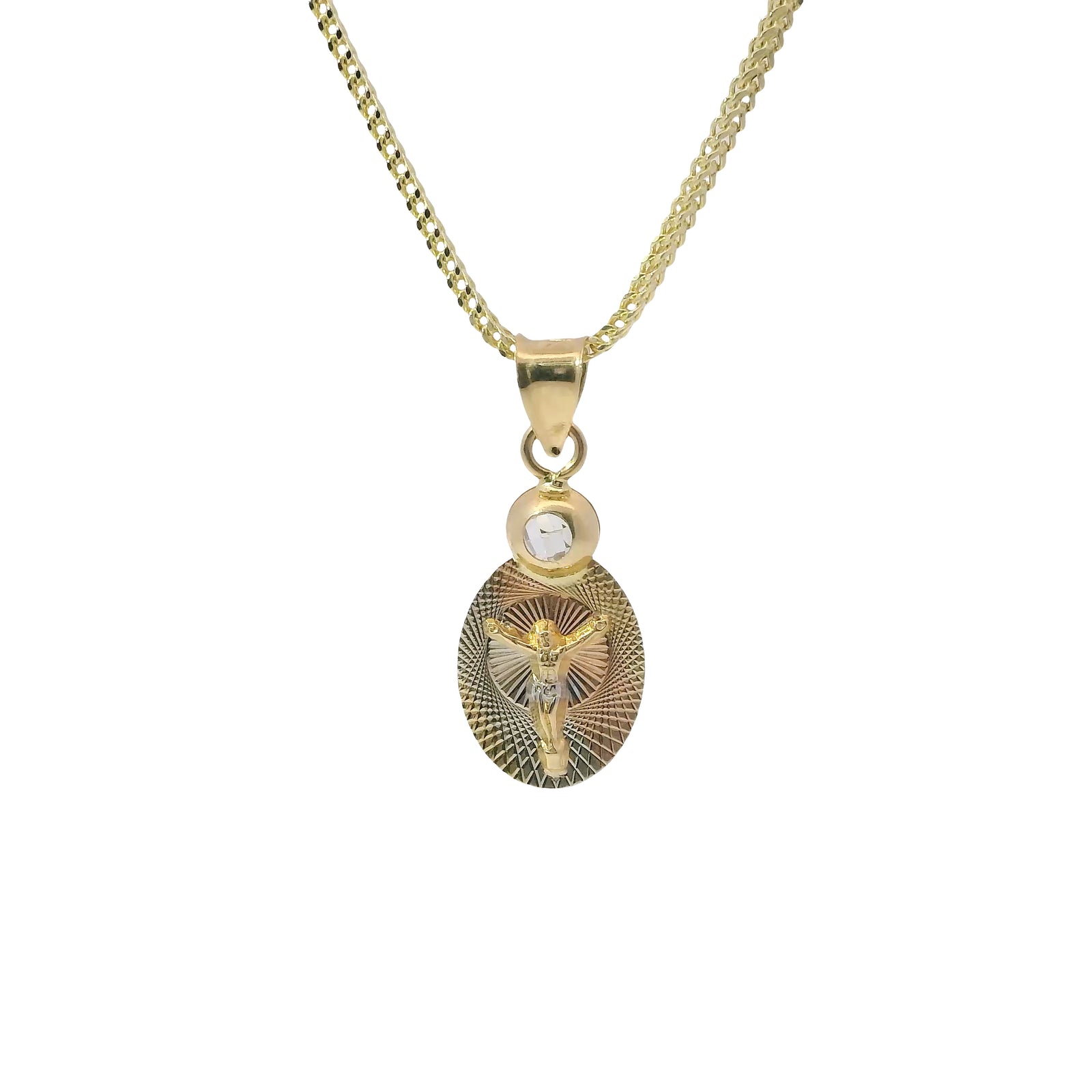 14KT Gold Charm Extra Small Tri Tone Oval Crucifix Graphic Coin with White CZ Stone Top and Plain Bell