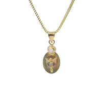 14KT Gold Charm Extra Small Tri Tone Oval Crucifix Graphic Coin with White CZ Stone Top and Plain Bell
