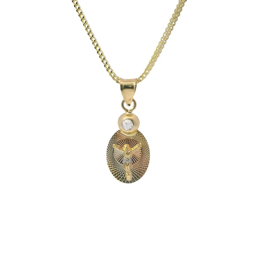 14KT Gold Charm Extra Small Tri Tone Oval Crucifix Graphic Coin with White CZ Stone Top and Plain Bell