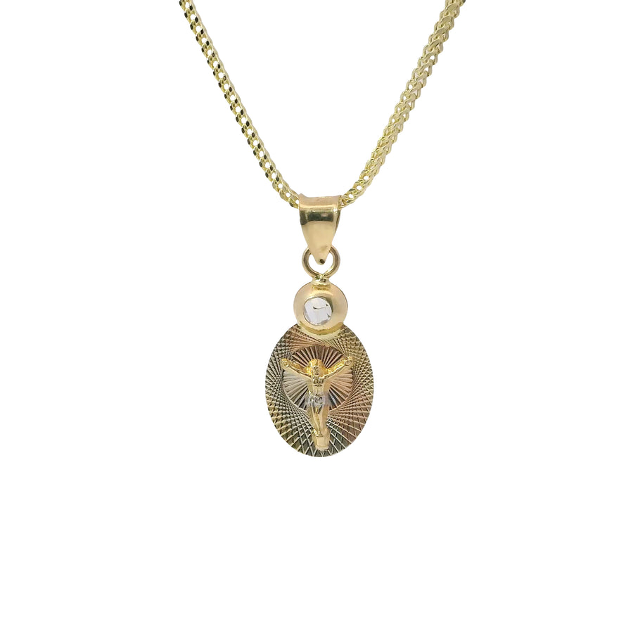 14KT Gold Charm Extra Small Tri Tone Oval Crucifix Graphic Coin with White CZ Stone Top and Plain Bell