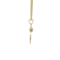 14KT Gold Charm Extra Small Tri Tone Oval Crucifix Graphic Coin with White CZ Stone Top and Plain Bell