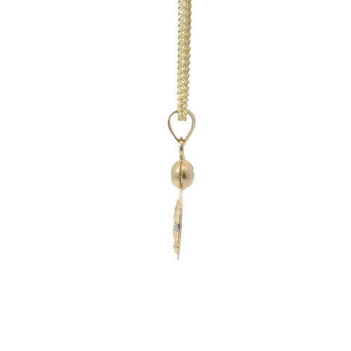 14KT Gold Charm Extra Small Tri Tone Oval Crucifix Graphic Coin with White CZ Stone Top and Plain Bell