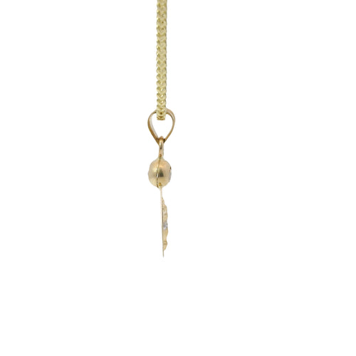 14KT Gold Charm Extra Small Tri Tone Oval Crucifix Graphic Coin with White CZ Stone Top and Plain Bell