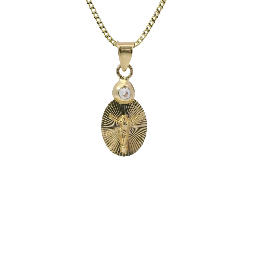 14KT Gold Charm Extra Small Oval Crucifix Sunray Coin with White CZ Stone Top and Plain Bell