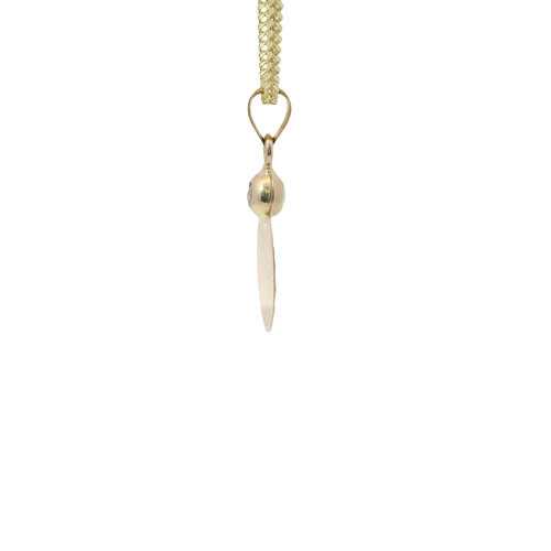 14KT Gold Charm Extra Small Oval Crucifix Sunray Coin with White CZ Stone Top and Plain Bell