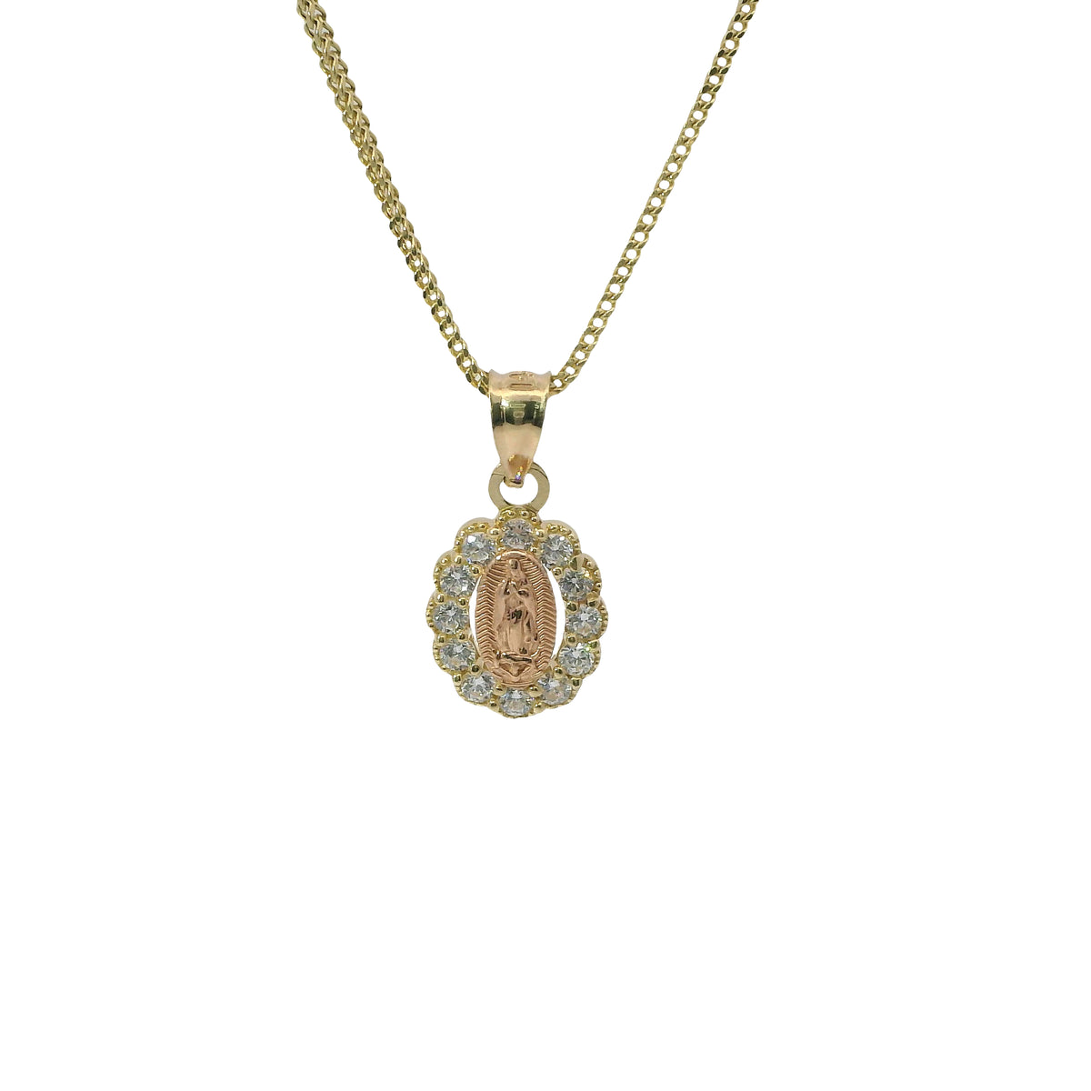 14KT Gold Charm Extra Small Oval Two Tone Virgin Mary Open Center with Scallop White CZ Stones Border and Plain Bell