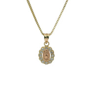 14KT Gold Charm Extra Small Oval Two Tone Virgin Mary Open Center with Scallop White CZ Stones Border and Plain Bell