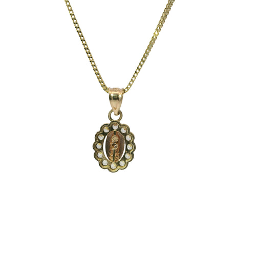 14KT Gold Charm Extra Small Oval Two Tone Virgin Mary Open Center with Scallop White CZ Stones Border and Plain Bell