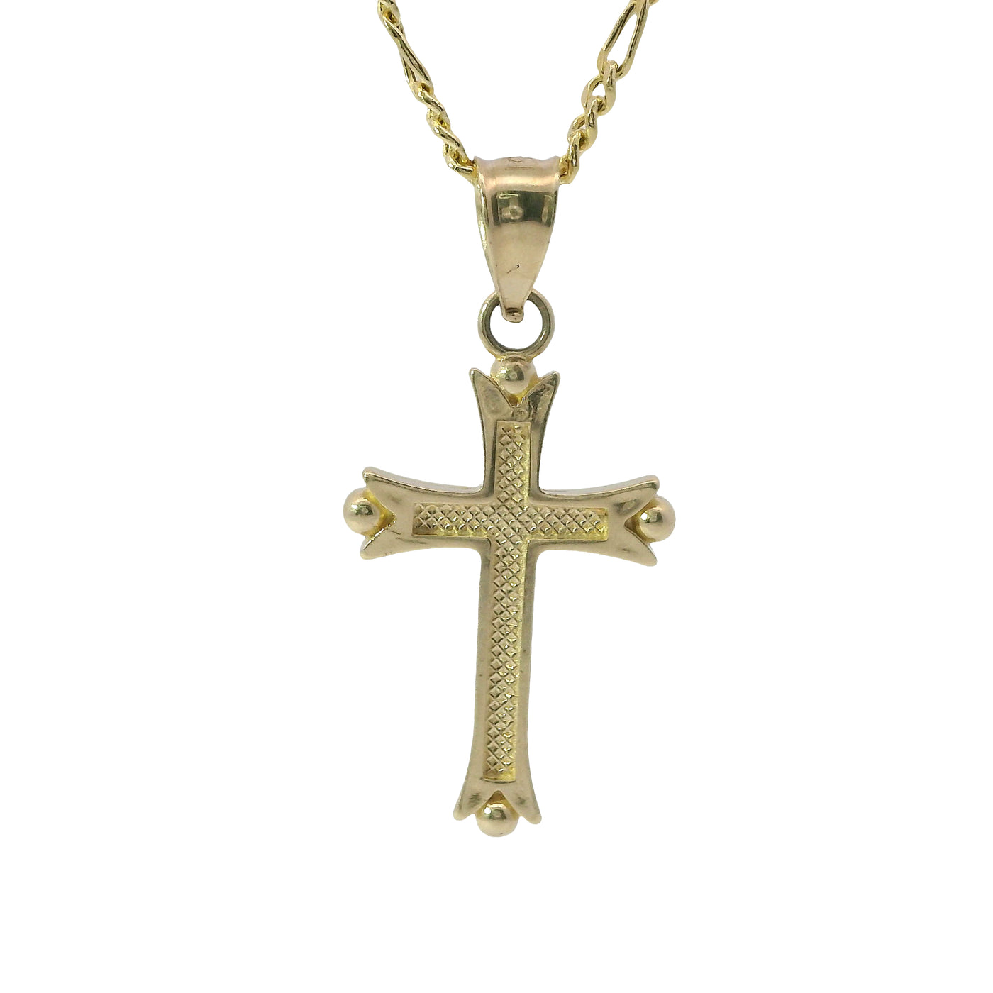 14KT Gold Charm Extra Small Dot End Split Tip Cross with Stripe Back, Lattice Front, and Plain Bell