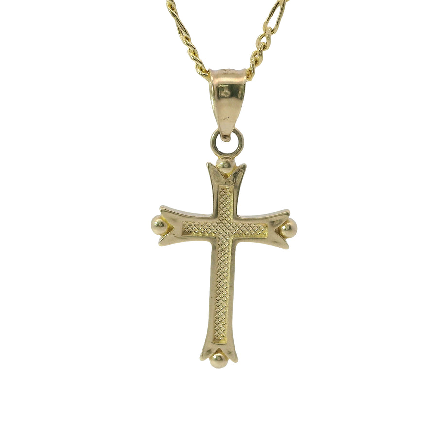 14KT Gold Charm Extra Small Dot End Split Tip Cross with Stripe Back, Lattice Front, and Plain Bell