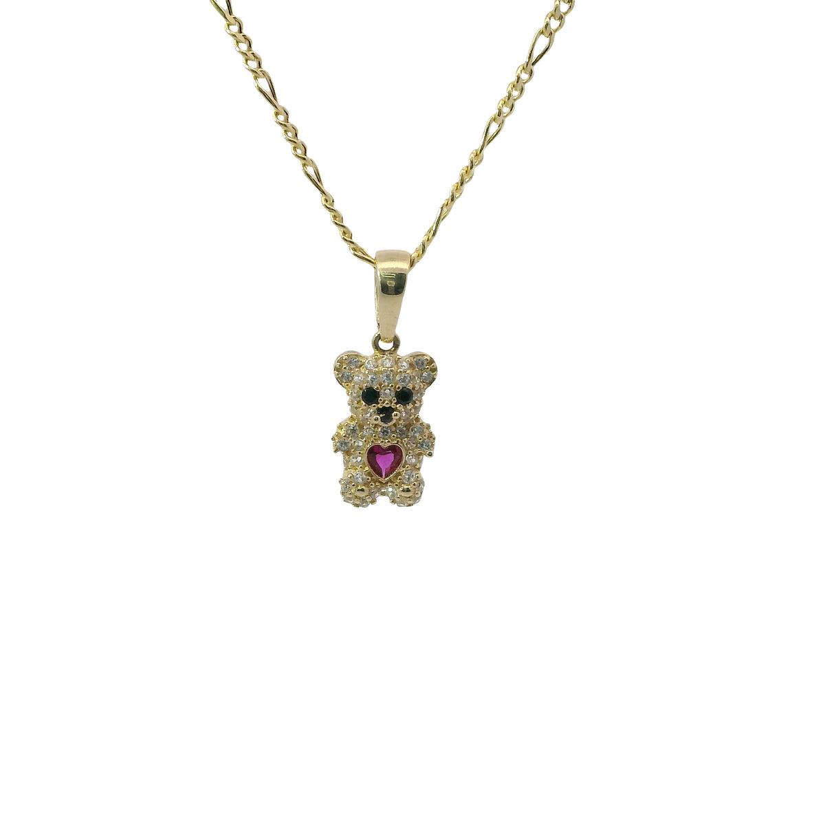14KT Gold Charm Extra Small White CZ Stones Teddy Bear with Red Heart Belly and Plain Bell