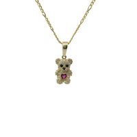 14KT Gold Charm Extra Small White CZ Stones Teddy Bear with Red Heart Belly and Plain Bell