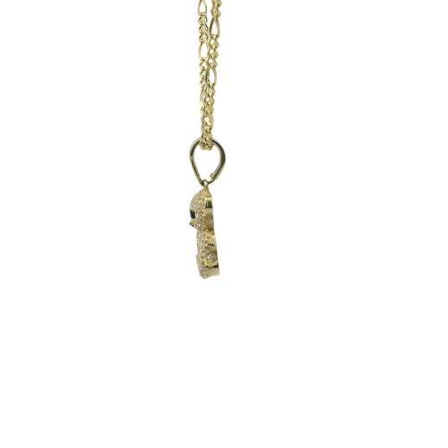 14KT Gold Charm Extra Small White CZ Stones Teddy Bear with Red Heart Belly and Plain Bell