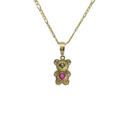 14KT Gold Charm Extra Small White CZ Stones Teddy Bear with Red Heart Belly and Plain Bell