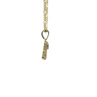 14KT Gold Charm Extra Small White CZ Stones Teddy Bear with Red Heart Belly and Plain Bell