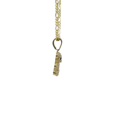 14KT Gold Charm Extra Small White CZ Stones Teddy Bear with Red Heart Belly and Plain Bell