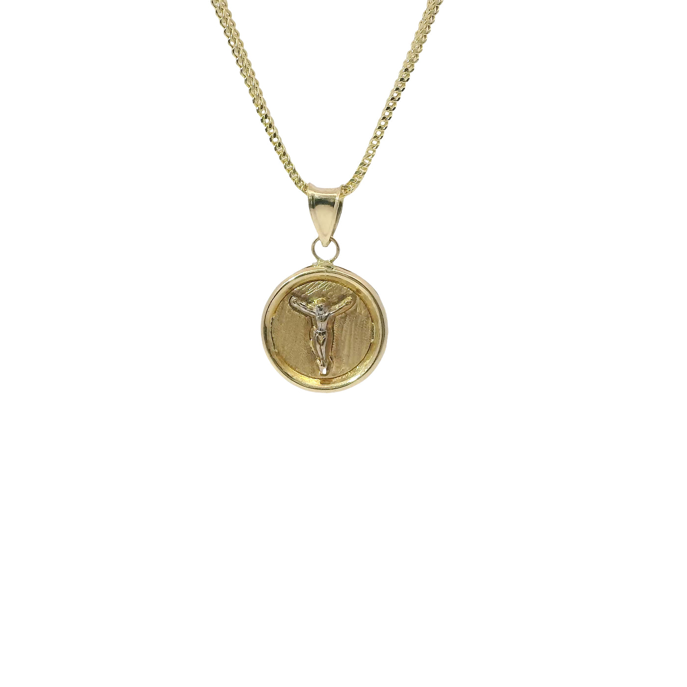 14KT Gold Charm Extra Small Round Crucifix Coin with Plain Background and White CZ Stones Top and Plain Bell