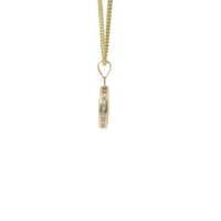 14KT Gold Charm Extra Small Round Crucifix Coin with Plain Background and White CZ Stones Top and Plain Bell