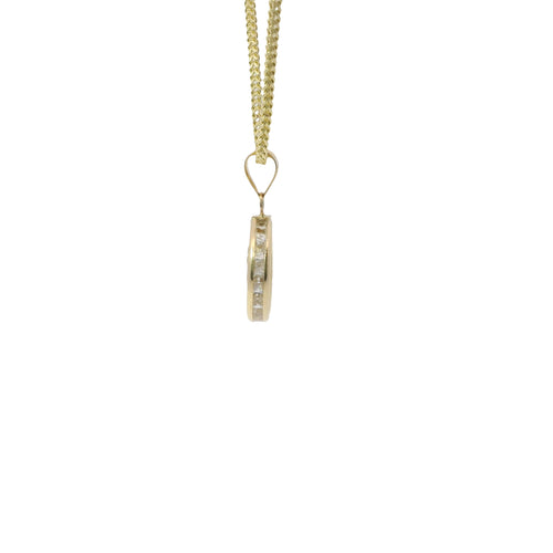 14KT Gold Charm Extra Small Round Crucifix Coin with Plain Background and White CZ Stones Top and Plain Bell