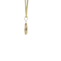 14KT Gold Charm Extra Small Round Crucifix Coin with Plain Background and White CZ Stones Top and Plain Bell